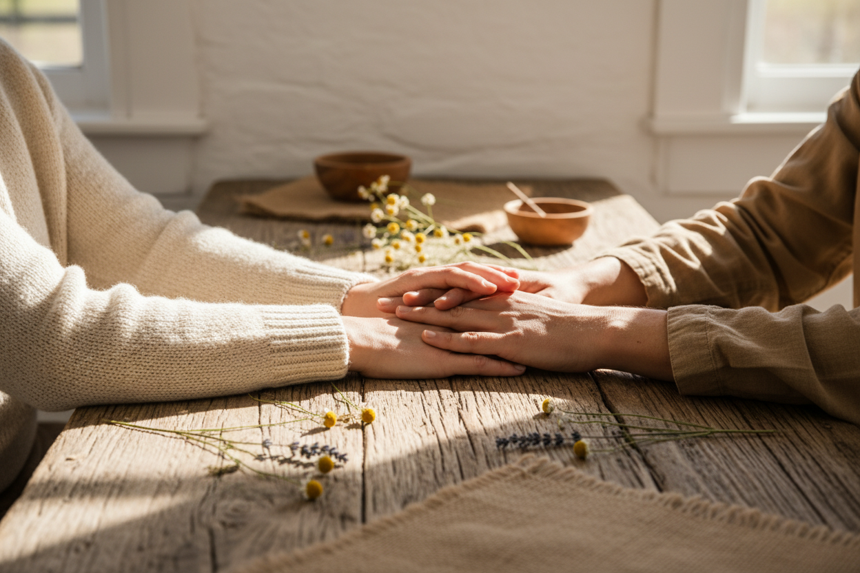 Two people hands resting on farmhouse table